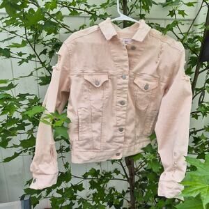 Ivy + Main Pastel Pink Frayed Hem Cropped Denim Jacket. Distressed - Sz M
